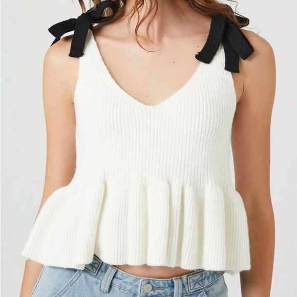 Forever 21 White Sleeveless Knit Top with Black Bow Straps - White/Black Size L - Picture 1 of 6
